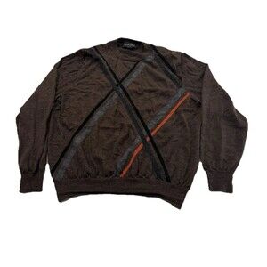 Kenneth Roberts Platinum Men's Pullover V-Neck Knit Sweater XL Wool Argyle Brown